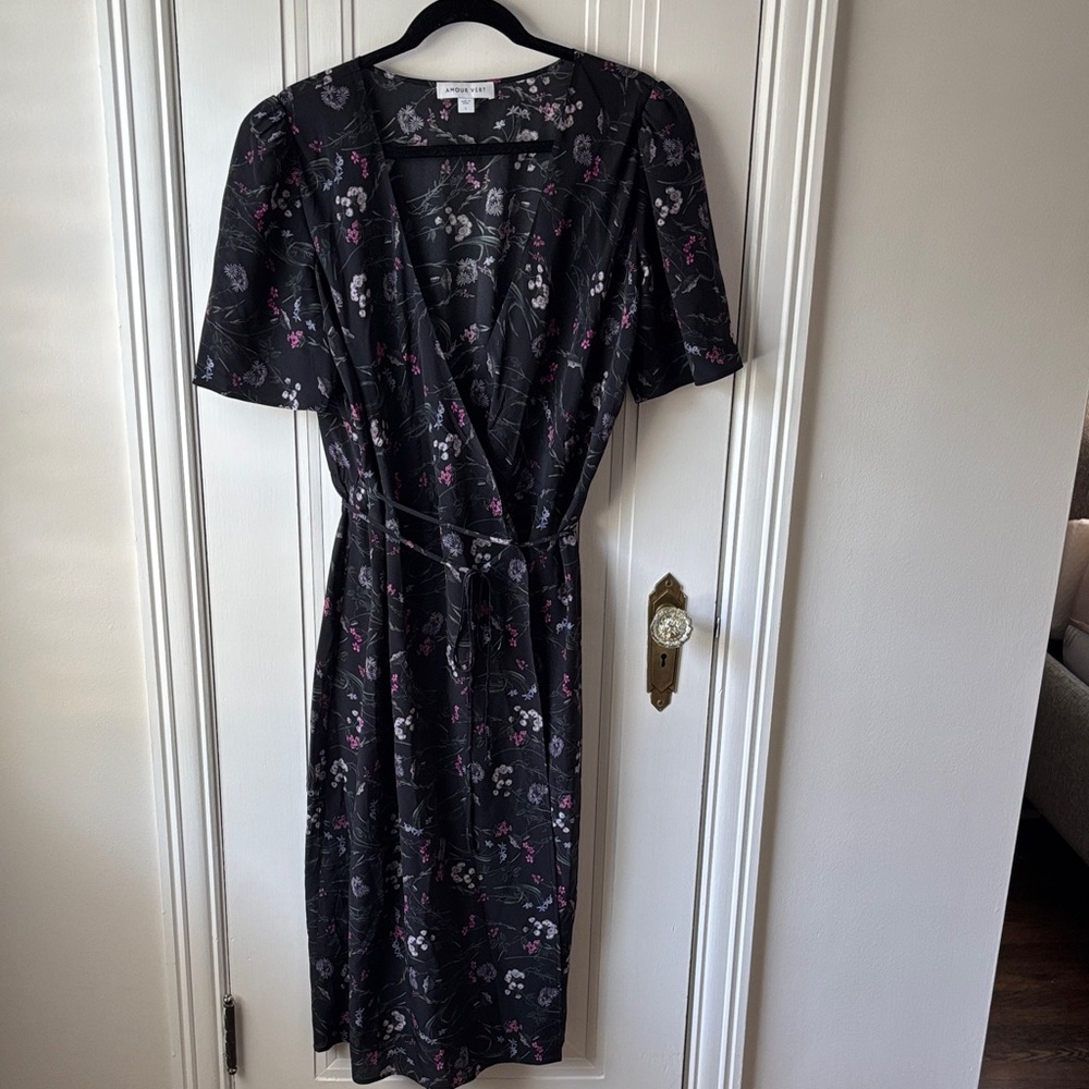 Amour Vert Black and Pink Floral Midi Dress